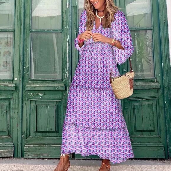 Dresses & Skirts - Tiered Maxi Dress Bohemian V Neck Puff Sleeve Beach Sundress